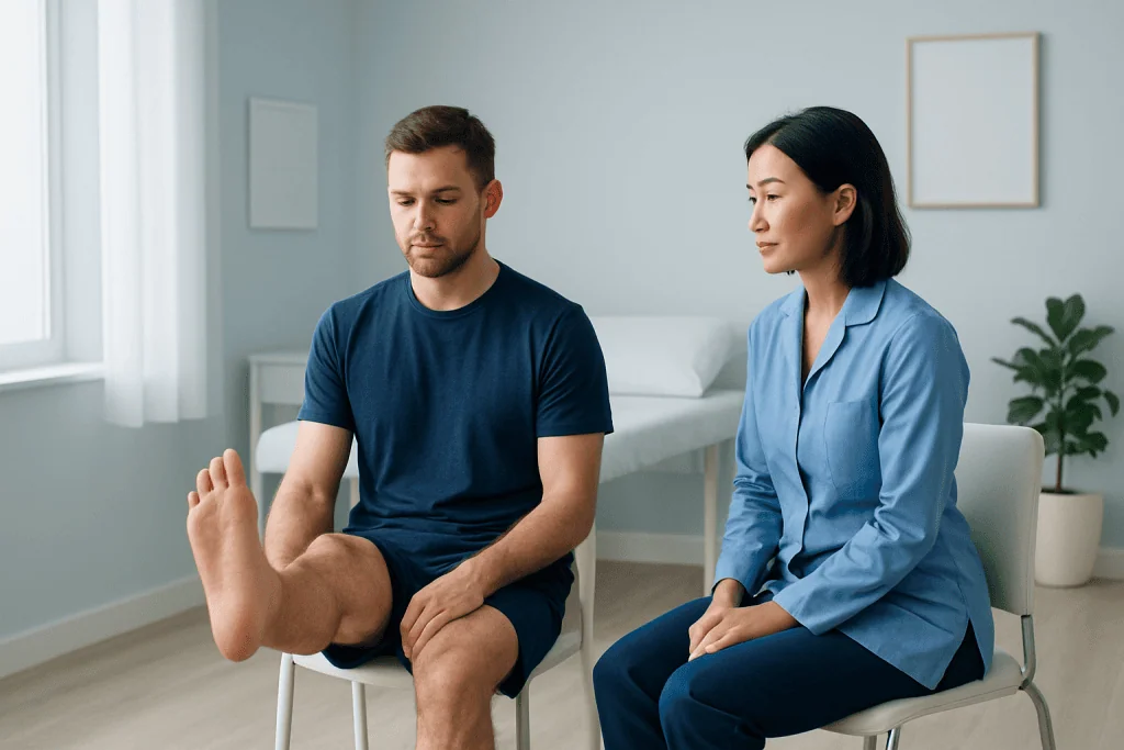 Physical therapy session for ankle rehabilitation with a healthcare professional and patient.