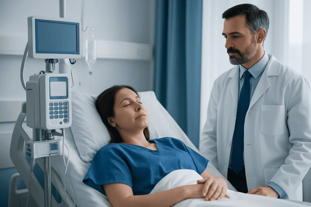 Patient resting in hospital bed with doctor nearby in medical setting.