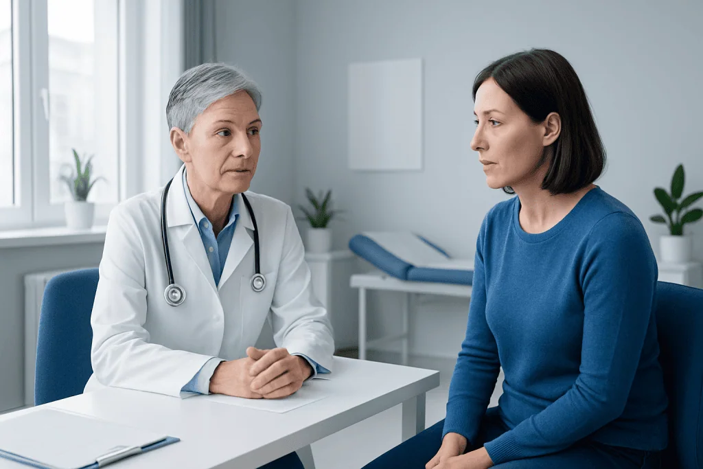 Doctor consulting with a female patient in a medical office.