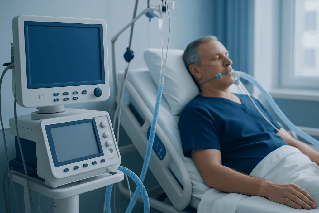 Patient in ICU connected to ventilator and monitoring equipment at Acibadem Hospital.
