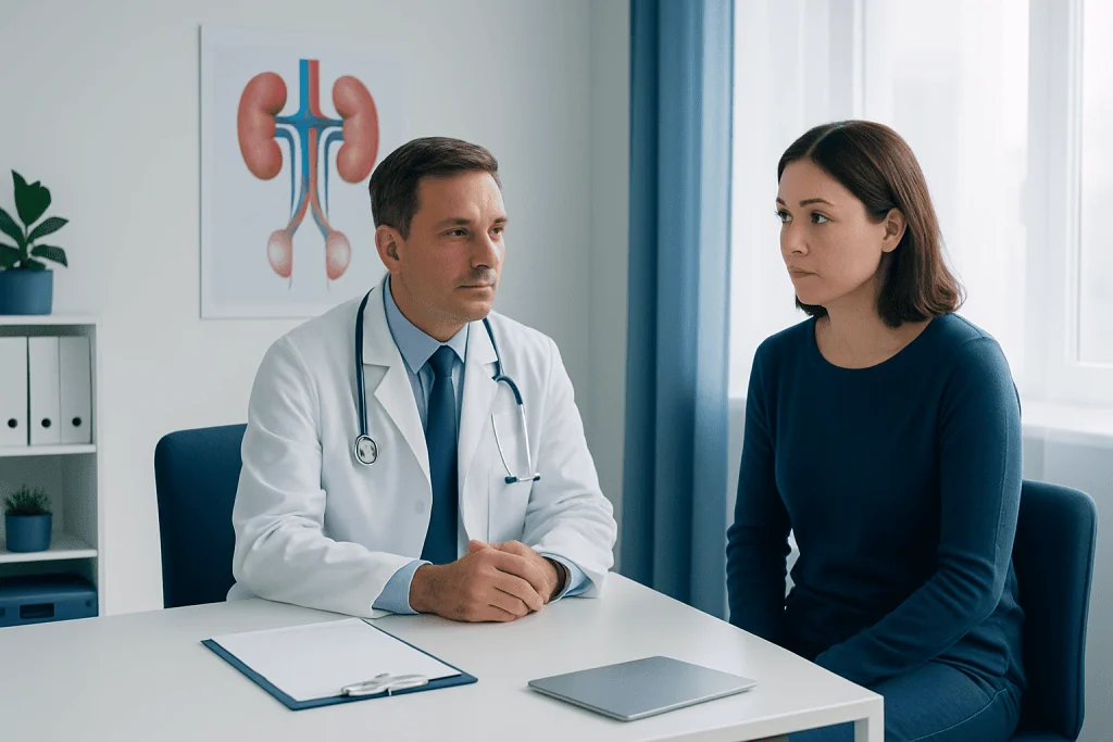 Doctor consulting with a female patient about kidney health in a medical office.