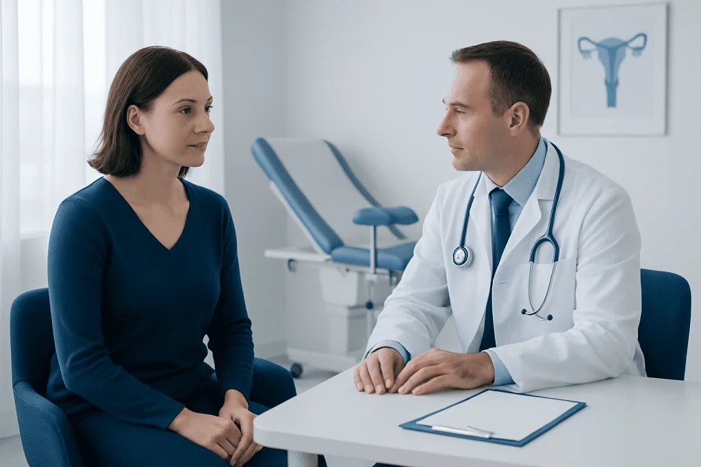 Doctor consulting with a female patient in a medical office.