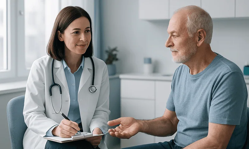Doctor consulting with an elderly male patient in a medical office.