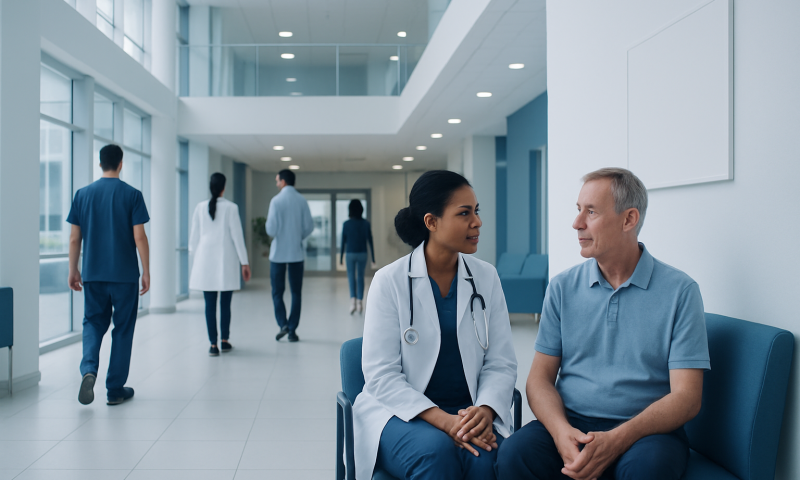 Healthcare professionals and patients in a modern hospital corridor.