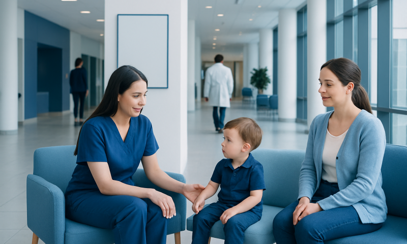 Pediatric therapy session at Acibadem Hospital with nurse, child, and mother.