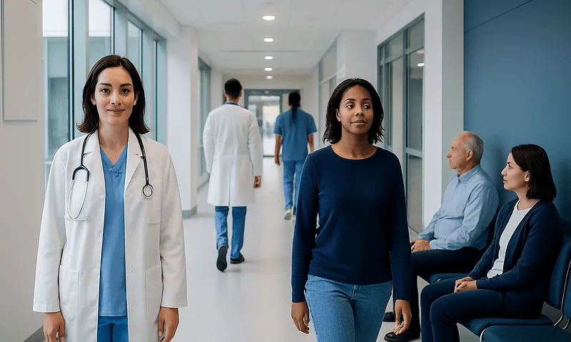 Diverse medical staff and patients in a modern hospital corridor.