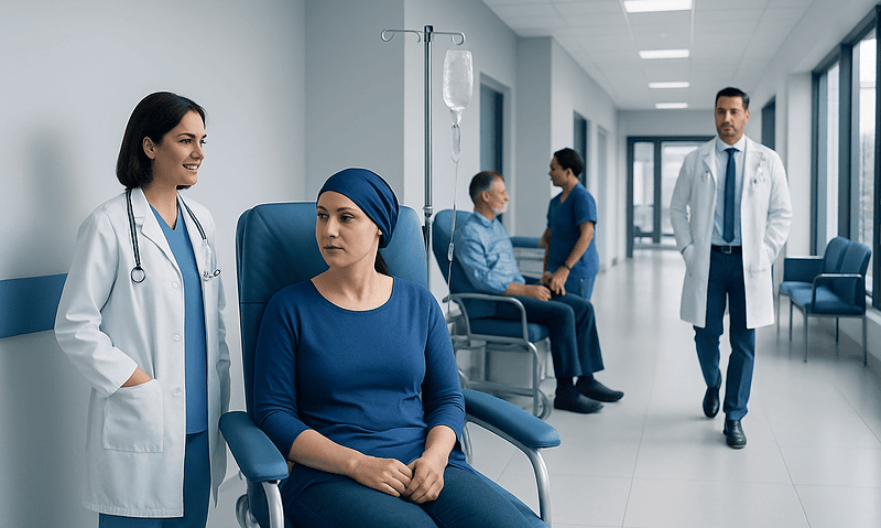 Patient receiving chemotherapy treatment in hospital corridor with medical staff present.