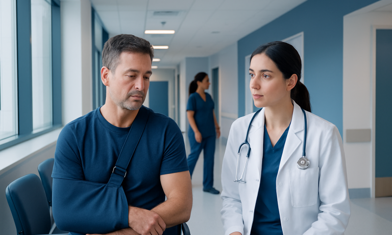 Patient consulting with doctor in hospital corridor for shoulder injury.