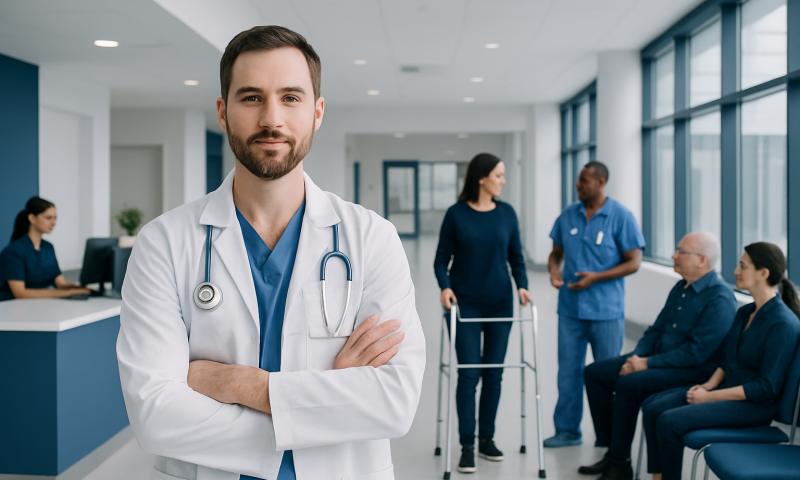 Doctor in hospital corridor with patients and staff in background.