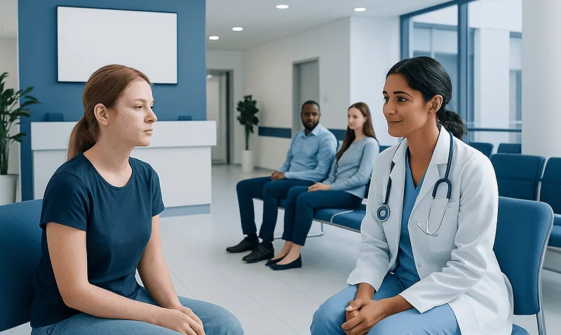 Doctor consulting with a young female patient in a modern clinic.