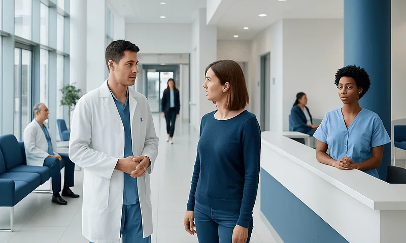 Medical staff and patient in hospital lobby at Acibadem Hospitals Group.