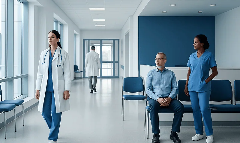 Healthcare professionals and patient in a modern hospital corridor.
