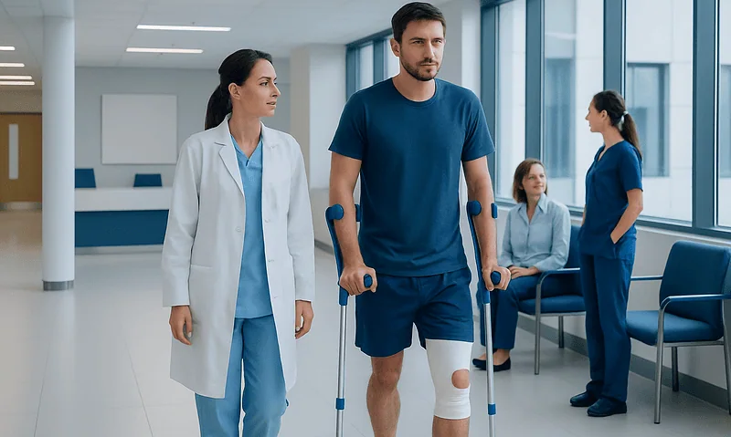 Patient walking with crutches in hospital corridor with medical staff nearby.