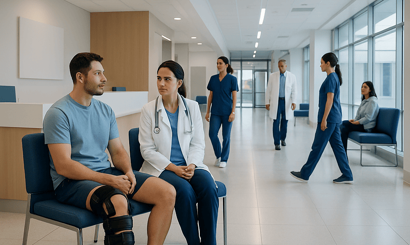Patient consulting with doctor in hospital waiting area.
