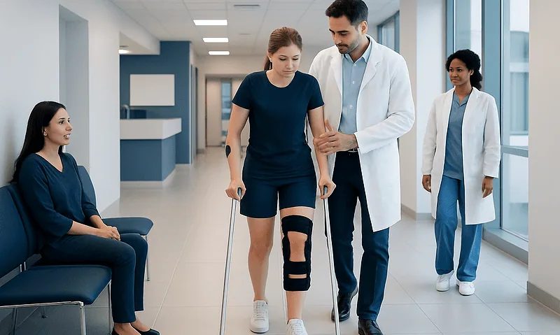 Patient with knee injury receiving support from medical staff in hospital corridor.