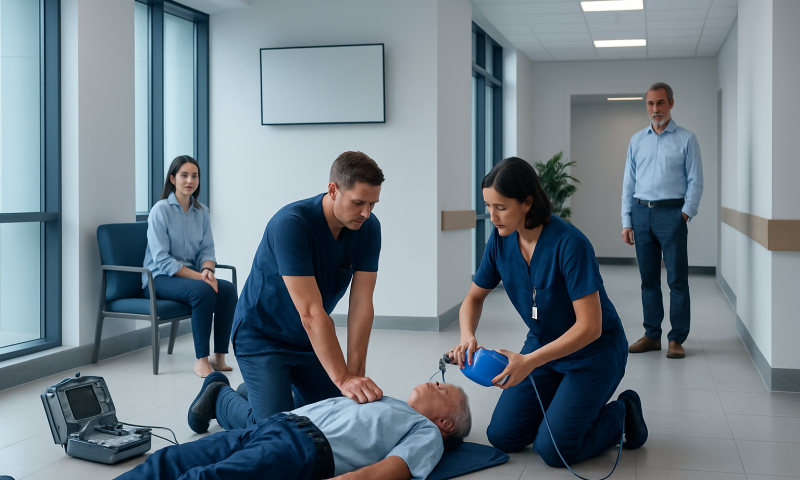Medical team performs CPR training on a patient mannequin in a hospital corridor.