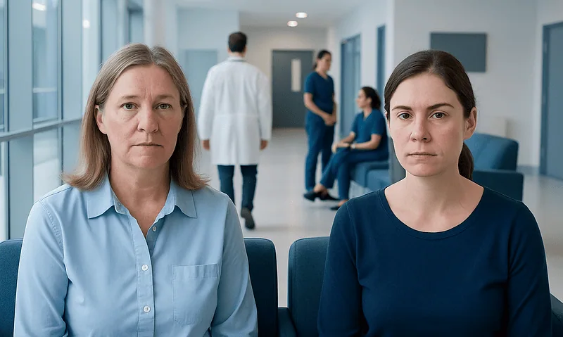 Patients waiting in a hospital corridor for medical consultation.