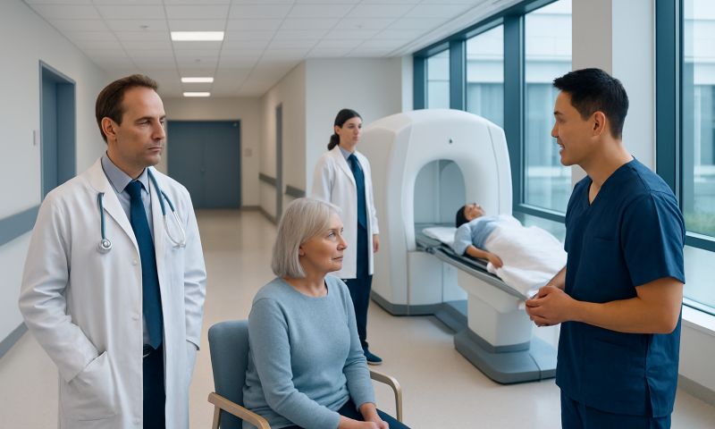 Medical team discussing patient care in hospital imaging room.