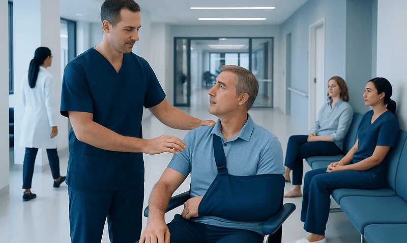 Doctor examining a patient's shoulder in a hospital corridor.