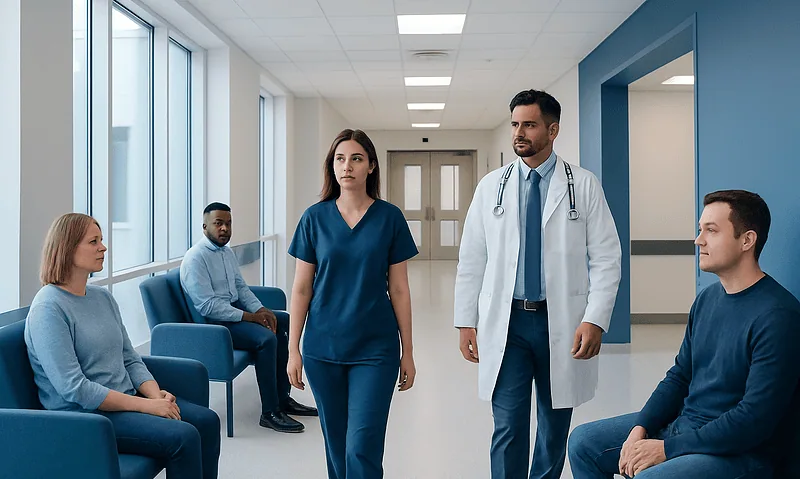 Medical team consulting patients in a hospital corridor.