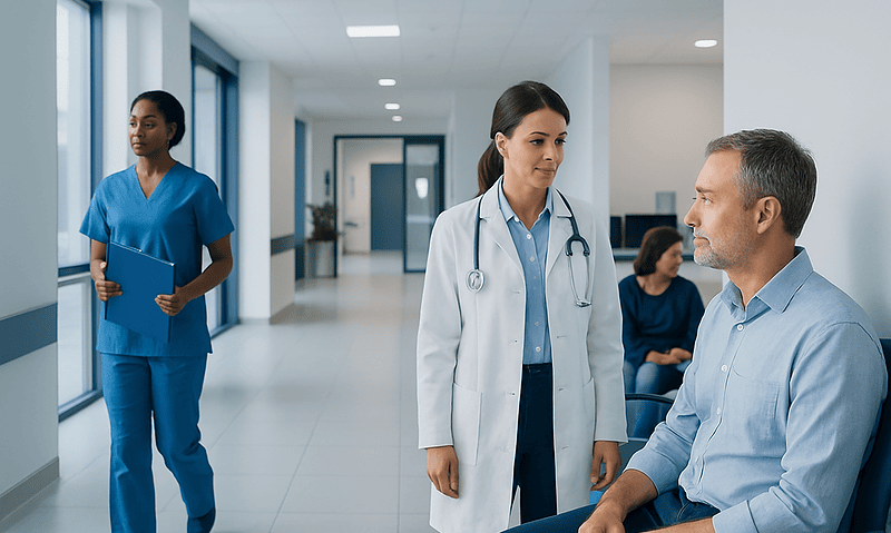 Medical consultation in a modern hospital corridor with healthcare professionals and patient.