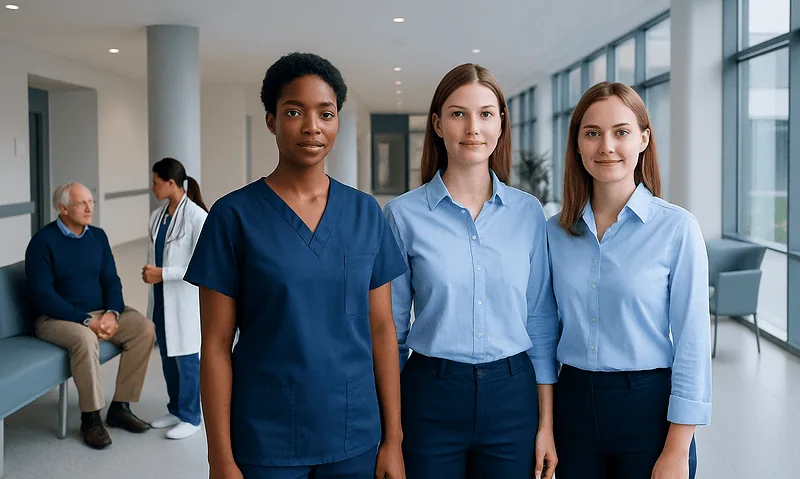 Diverse healthcare team in hospital corridor with patients in background.