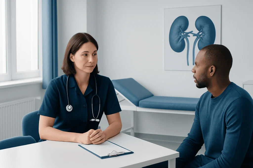 Doctor consulting patient about kidney health in a medical office.