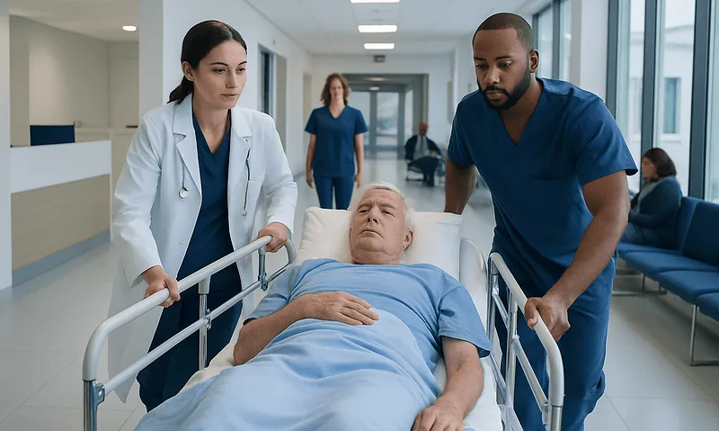 Hospital staff attending to a patient on a hospital bed in a modern medical facility.