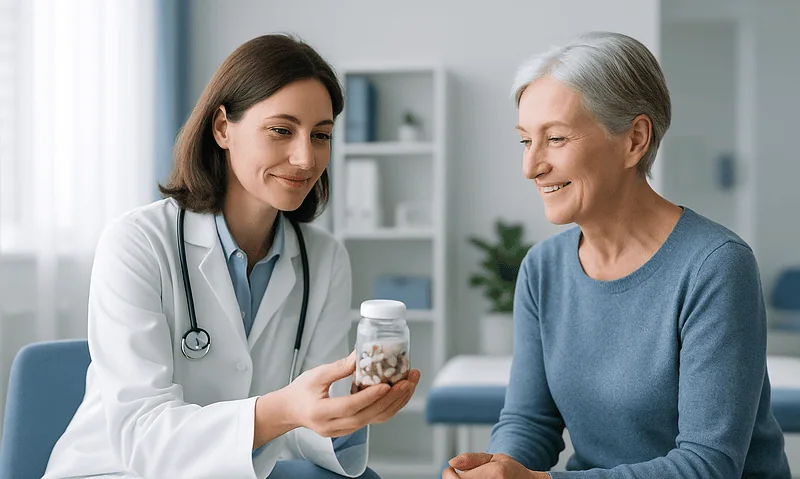 Doctor explaining supplement benefits to elderly woman in clinic setting.
