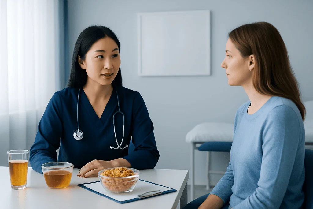 Doctor consulting with patient in a medical office setting.