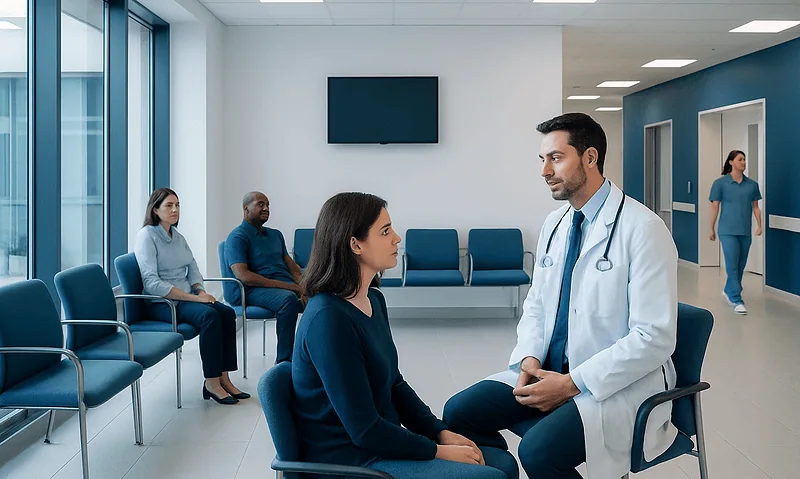 Doctor consulting a patient in a hospital waiting area.