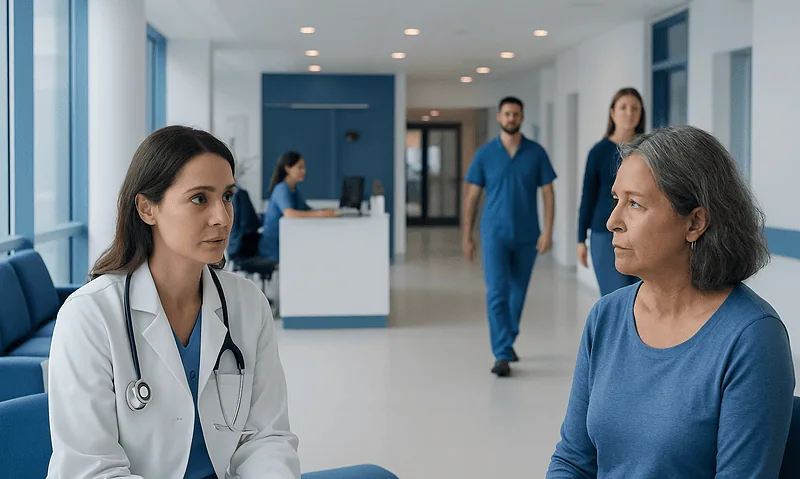 Doctor consulting a patient in a hospital corridor with medical staff in the background.