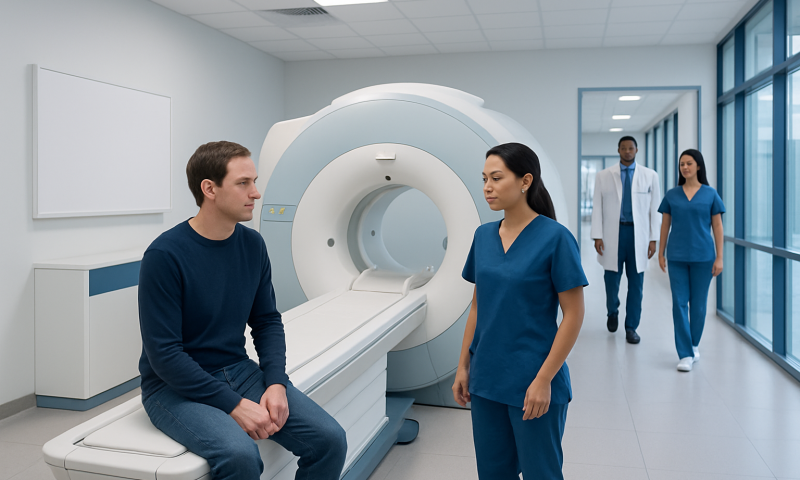 Patient undergoing MRI scan with medical staff in a modern hospital setting.