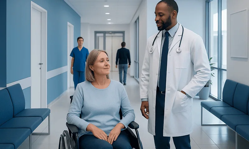Doctor talking to a female patient in a hospital corridor.