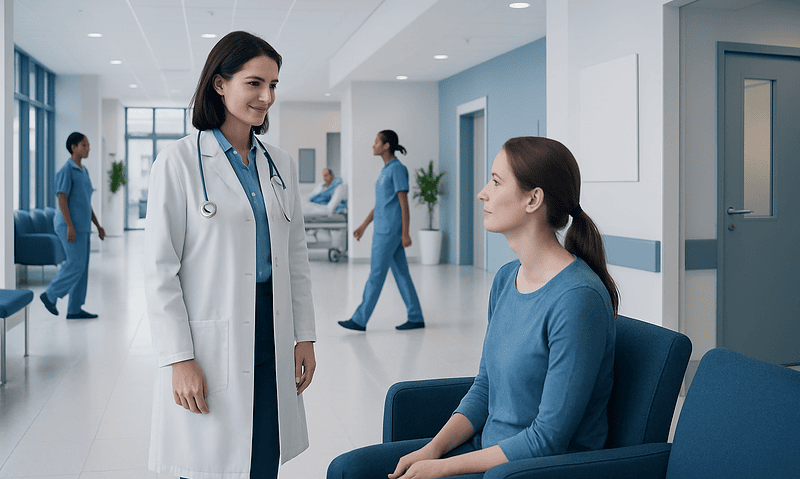 Doctor talking to patient in hospital corridor with medical staff in background.