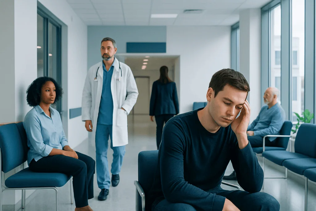ADHD and Fatigue Explained: Common Triggers and Red Flags 1 Young man experiencing fatigue in a hospital waiting area.