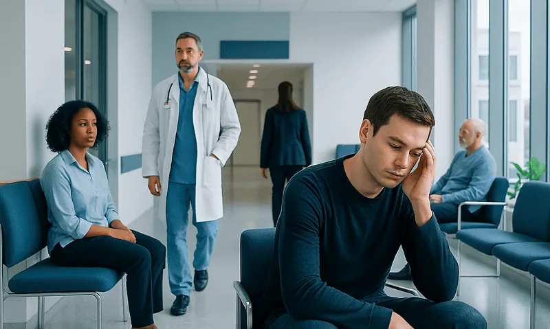 Young man experiencing fatigue in a hospital waiting area.