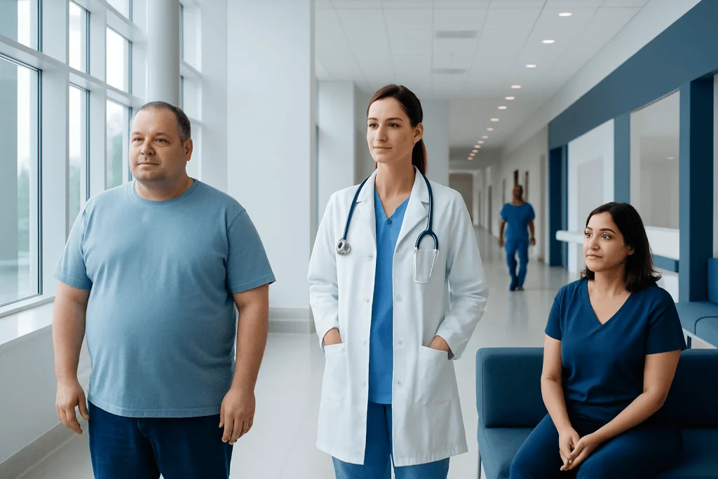 Adiponectin: What Patients Need to Know 1 Healthcare professionals and patient in hospital corridor at Acibadem Hospitals Group.