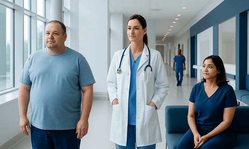 Healthcare professionals and patient in hospital corridor at Acibadem Hospitals Group.