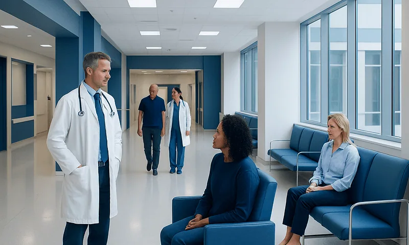 Medical consultation in hospital corridor with doctor and patients.