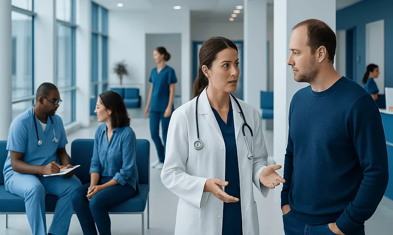 Doctor consulting with a patient in a modern hospital corridor.