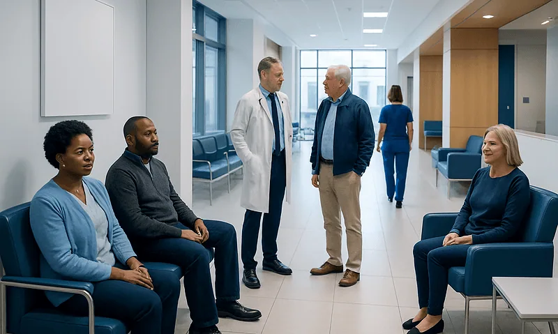 Medical consultation in a modern hospital waiting area with diverse patients and doctors.