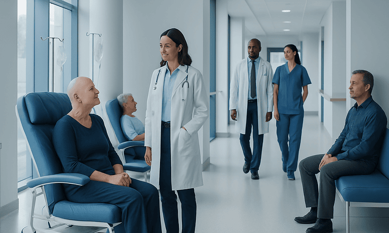Medical team consulting cancer patients in hospital corridor.