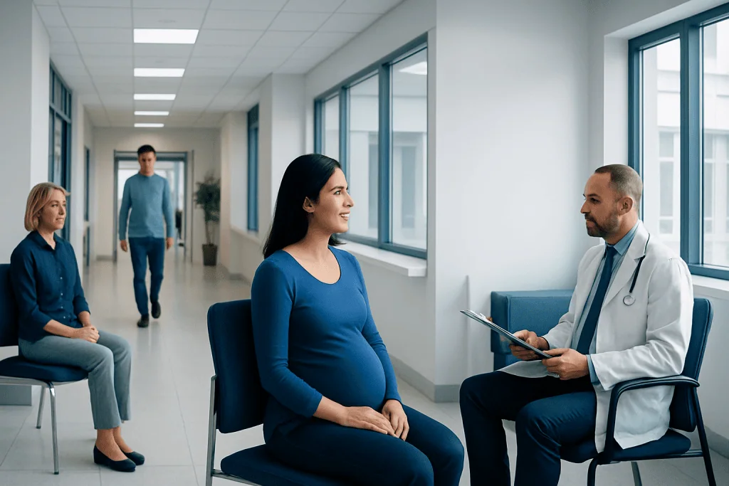 Afp Screening: How It Works, Results and What to Expect 1 Pregnant woman consulting with doctor in hospital corridor.