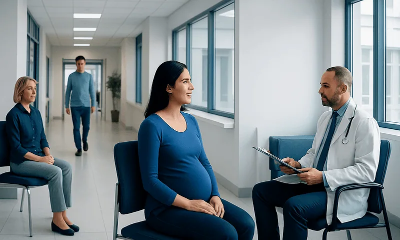 Pregnant woman consulting with doctor in hospital corridor.