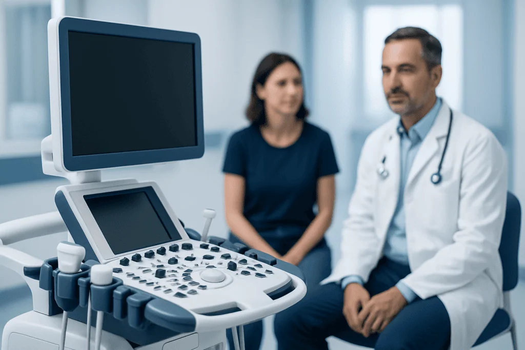 Medical consultation with ultrasound equipment at Acibadem Hospitals Group.