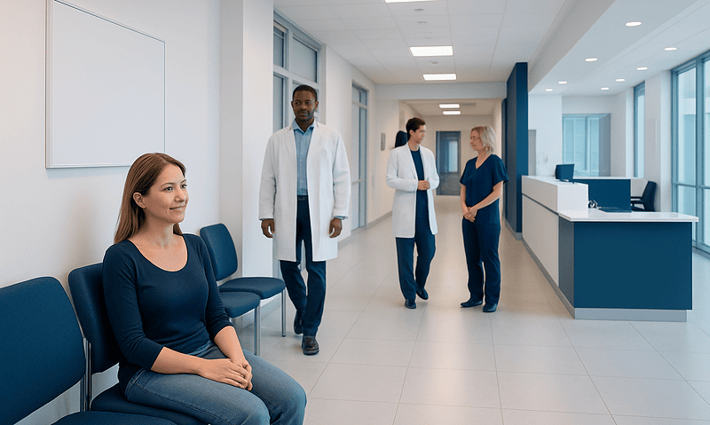 Patients and medical staff in a modern hospital corridor.