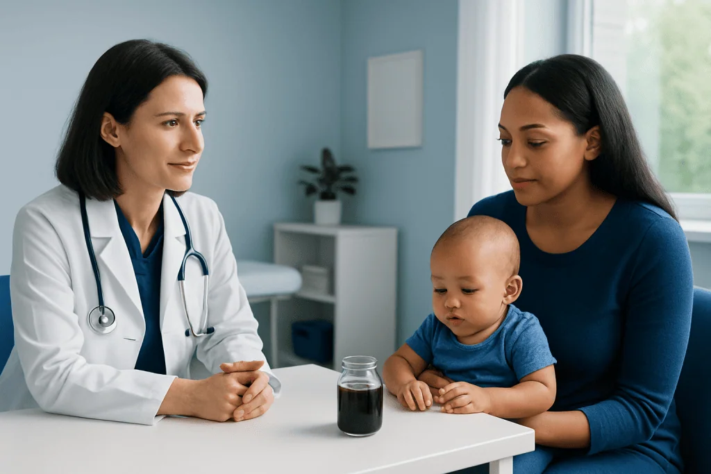 Pediatric consultation with a doctor and mother discussing prune juice for babies.