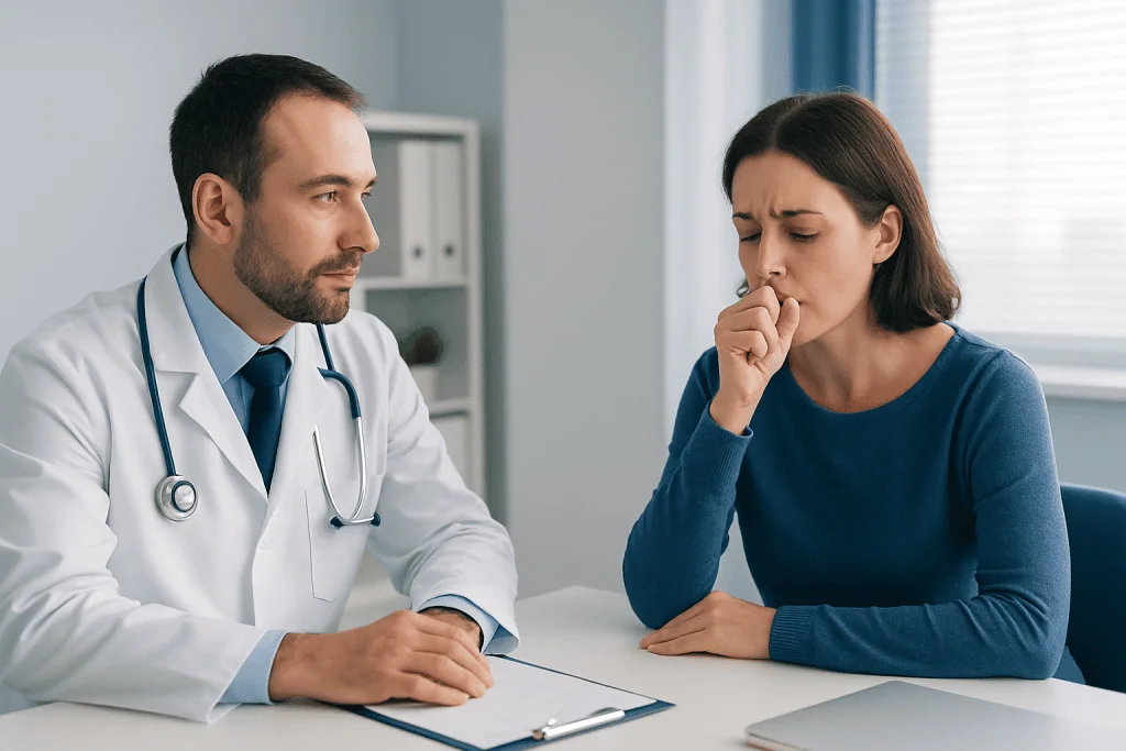 Doctor consulting with a woman about coughing and phlegm issues.