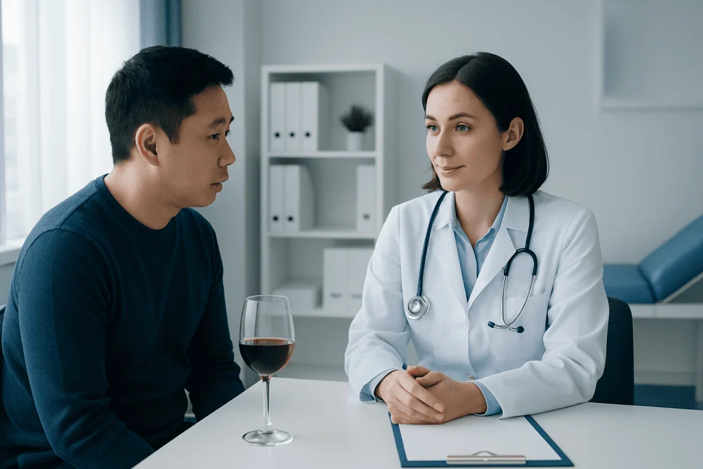 Doctor consulting with a patient about alcohol allergy symptoms.